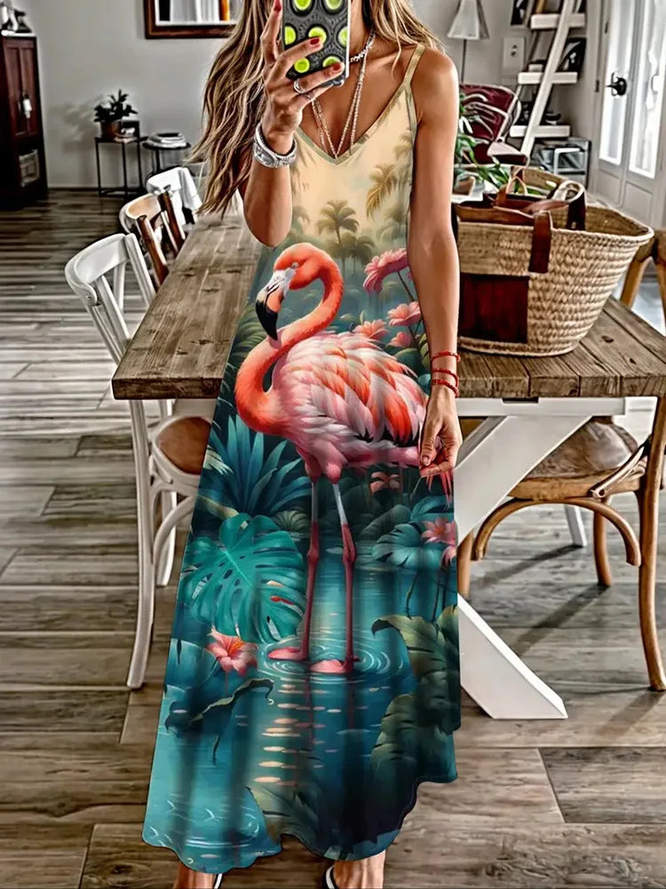 Animal Fresh Print Sexy And Fashionable V-neck Suspender Dress Outdoor Travel Seaside Vacation Casual Long Dress