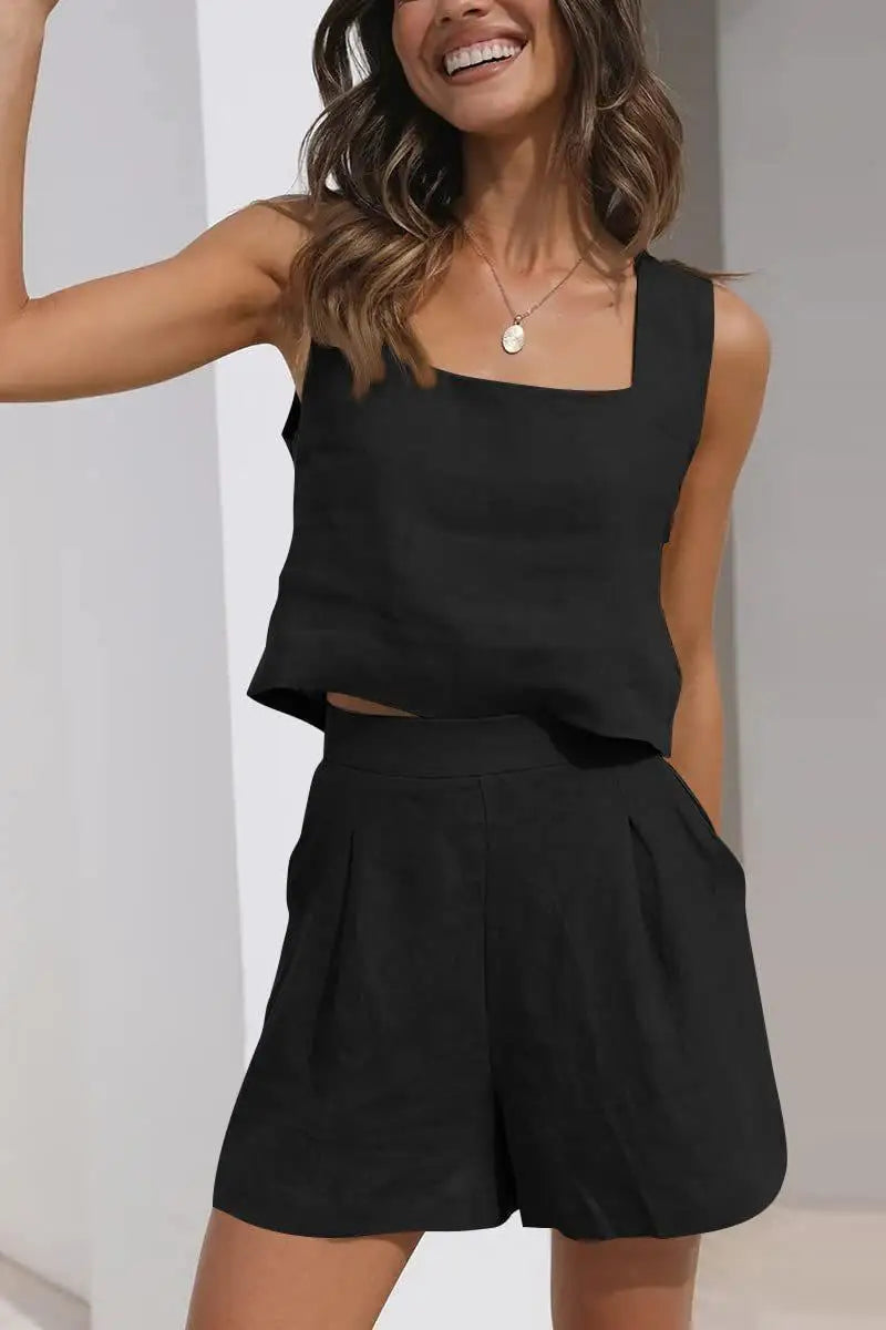Two Piece Suit Summer Solid Color Sleeveless Pocket Shorts Set Elegant Wide Leg Vest Top