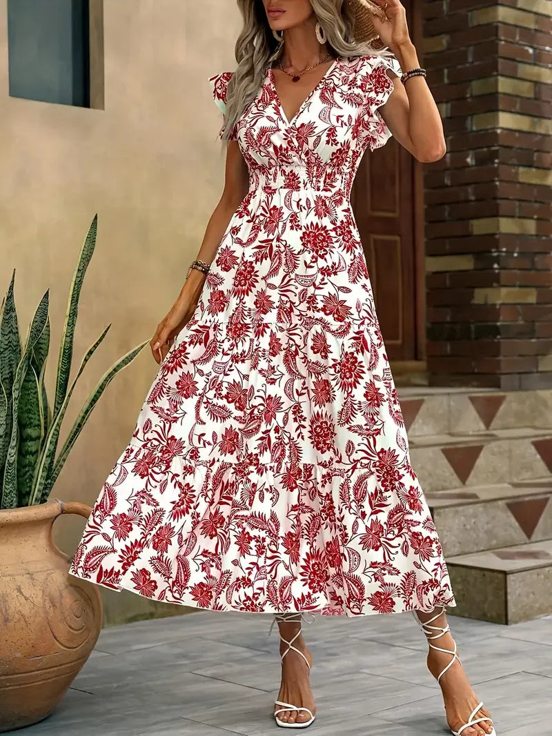 Fashion Floral Dress Casual V-neck Sleeveless Ruffles Tighten The Waist Slimming Elegant Bohemian Floral Women's Dress