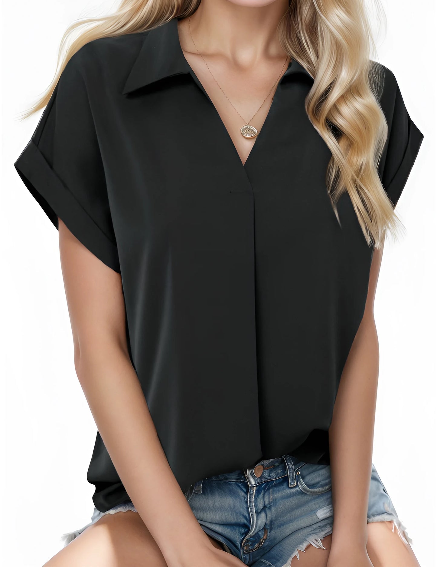 Women's Short Sleeve Chiffon Shirt for Office Work Business Wear Collared Shirt