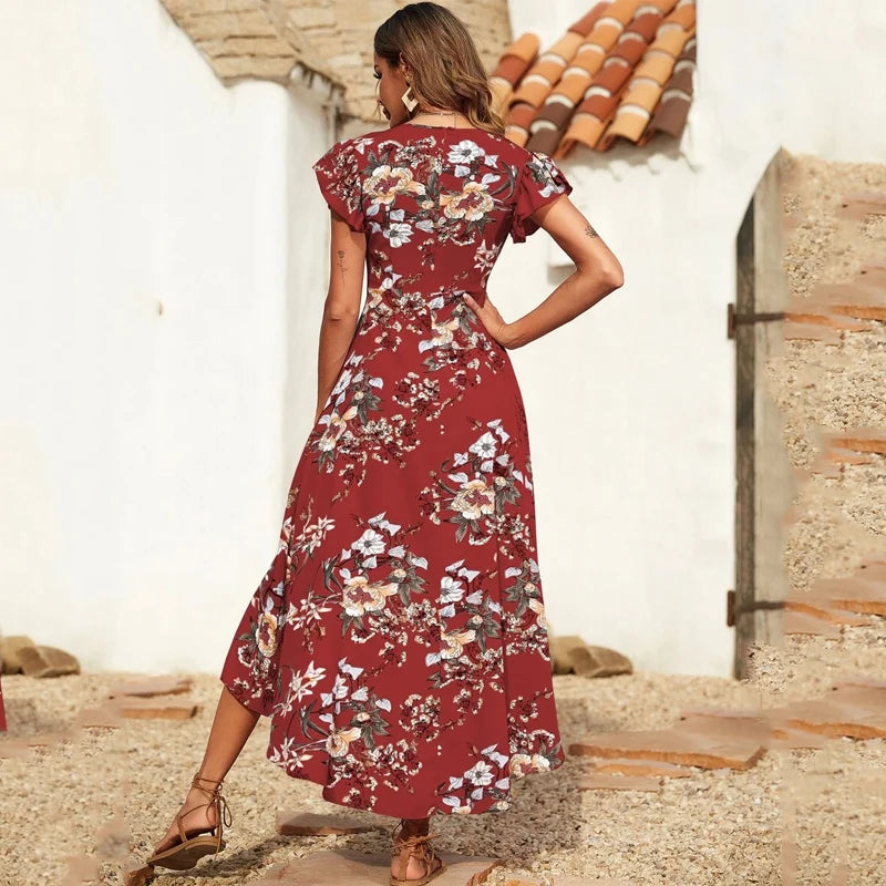 Floral Print Wrap Butterfly Sleeve High Low Hem V-neck
