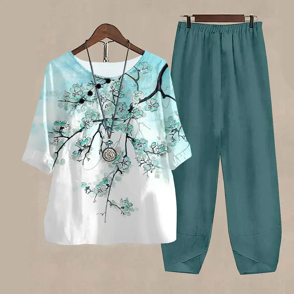 Ladies Elegant Vintage Suit Butterfly Print Two Piece Set Casual Female Loose Outfits O Neck Short Sleeve Shirt With Pants