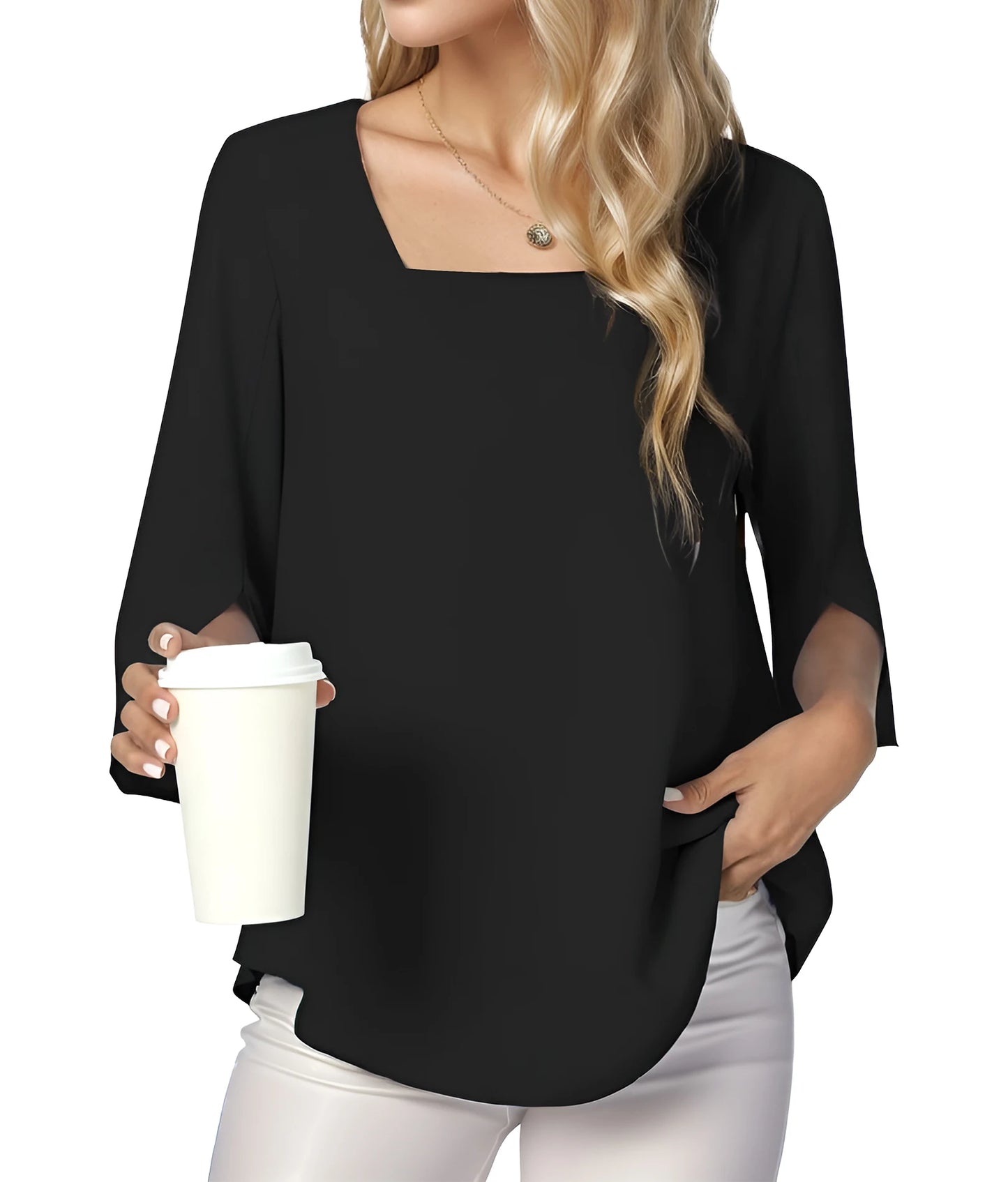 Womens Casual Square Neck Loose Top 3/4 Sleeve Chiffon Blouse