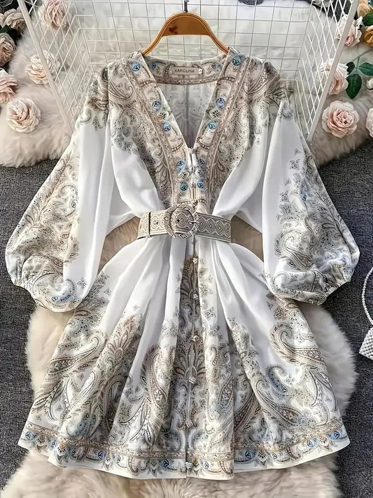 Women's Bohemian Dress - Vintage V-Neck Ruffled Maxi Dress with Belt, Floral Print, Lantern Sleeves & Button Down, Casual Short