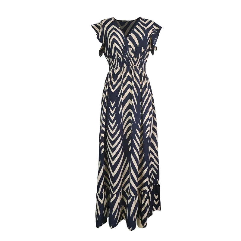 Casual Midi Dress  Arrow Stripe Print  Slim Waist Sleeves V-neck with Ruffled Hem
