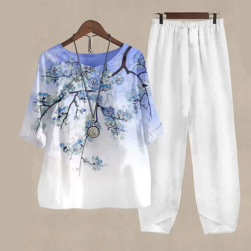 Ladies Elegant Vintage Suit Butterfly Print Two Piece Set Casual Female Loose Outfits O Neck Short Sleeve Shirt With Pants