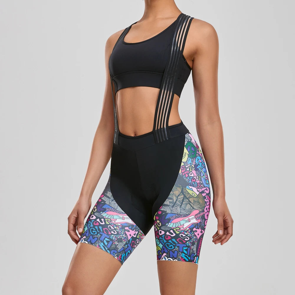 Women's Cycling Bib Shorts Outdoor Color Print Breathable Stretch Reflective