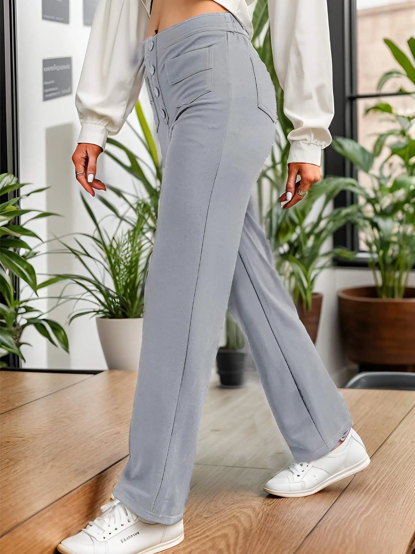 Women's Casual Straight Leg Pants High Waisted Button Down Stretchy Trousers with Multiple Pockets