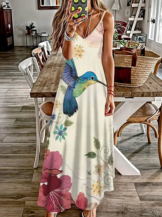 Animal Fresh Print Sexy And Fashionable V-neck Suspender Dress Outdoor Travel Seaside Vacation Casual Long Dress