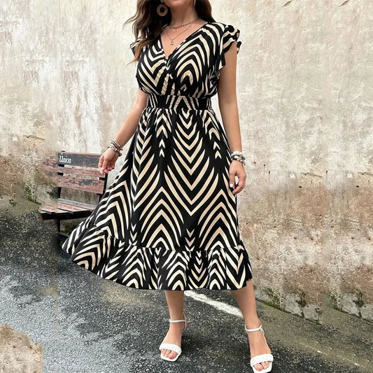 Casual Midi Dress  Arrow Stripe Print  Slim Waist Sleeves V-neck with Ruffled Hem