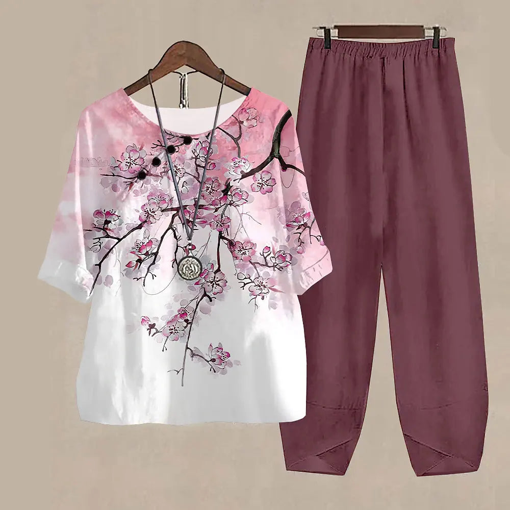 Ladies Elegant Vintage Suit Butterfly Print Two Piece Set Casual Female Loose Outfits O Neck Short Sleeve Shirt With Pants