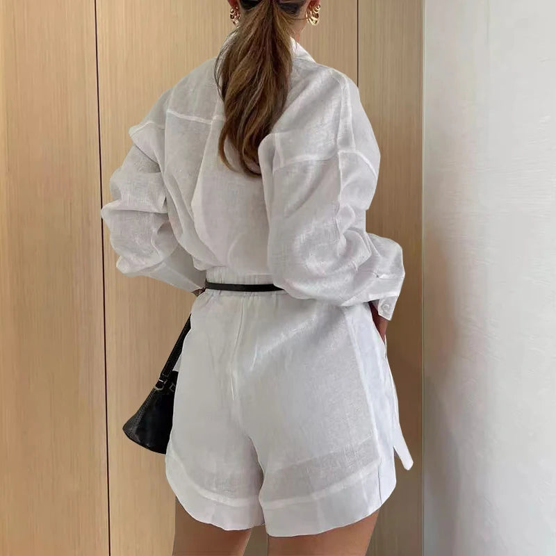 Long Sleeve 2 Pieces Sets Casual Simple Button Pockets Short Pant with Shirts Tops Summer Fashion Suit Female Outfits