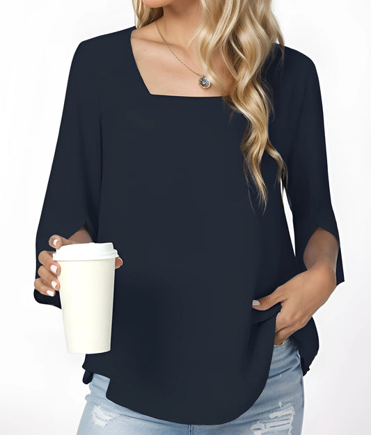 Womens Casual Square Neck Loose Top 3/4 Sleeve Chiffon Blouse
