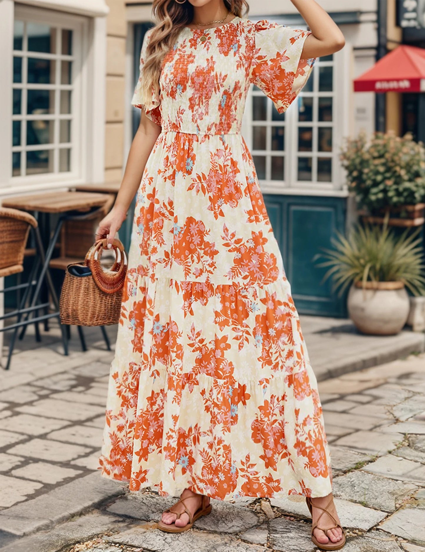 Casual Pastoral Style Floral Print Dress Long, Crewneck Short Sleeves High Waist Wide Ruffle Hem
