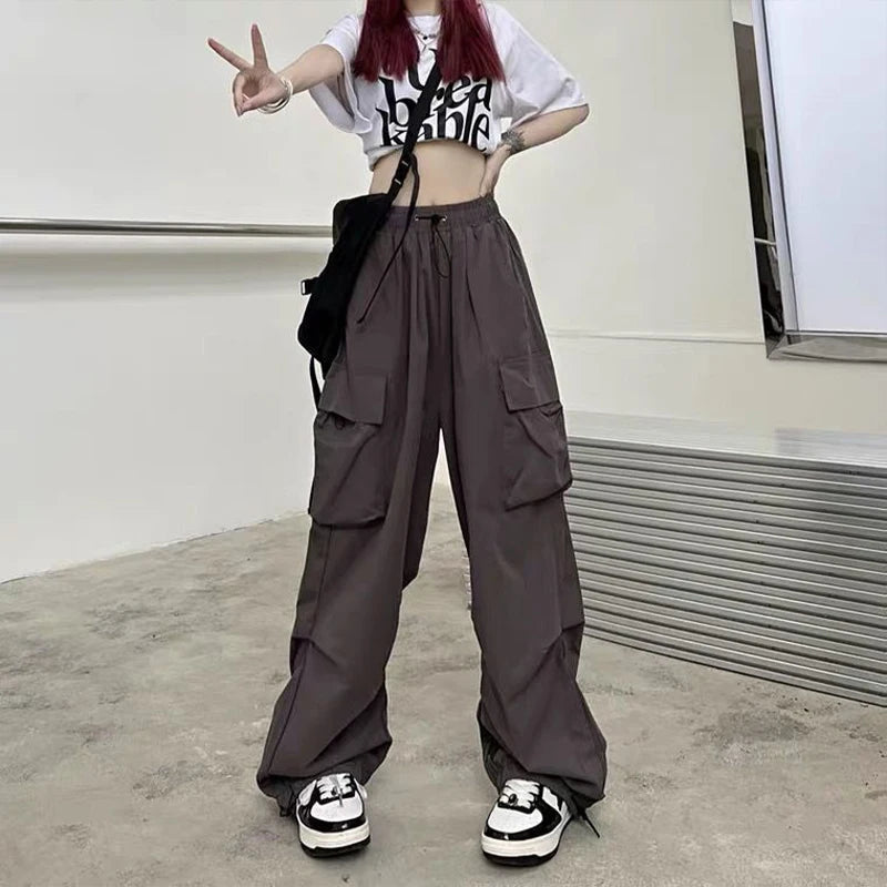 Casual Joggers Tech Pants Solid Low Waist Pants Drawstring Wide Leg Baggy Trousers Streetwear Oversize Sweatpants