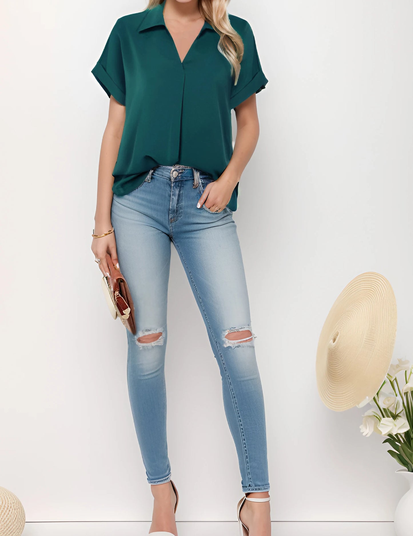 Women's Short Sleeve Chiffon Shirt for Office Work Business Wear Collared Shirt