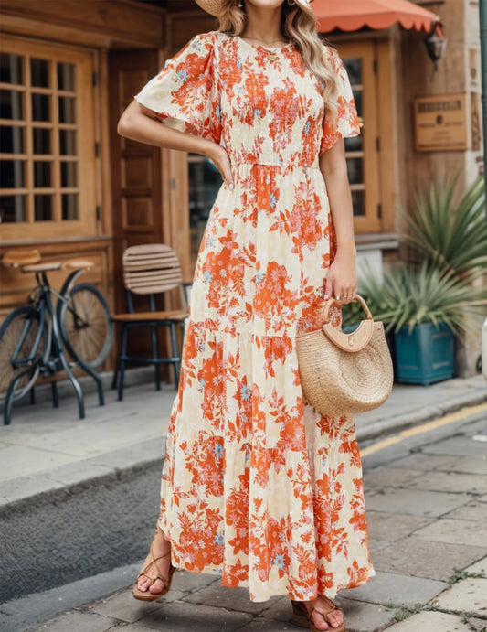 Casual Pastoral Style Floral Print Dress Long, Crewneck Short Sleeves High Waist Wide Ruffle Hem