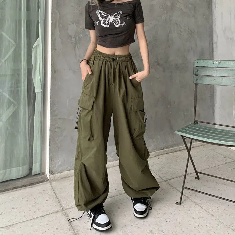 Casual Joggers Tech Pants Solid Low Waist Pants Drawstring Wide Leg Baggy Trousers Streetwear Oversize Sweatpants