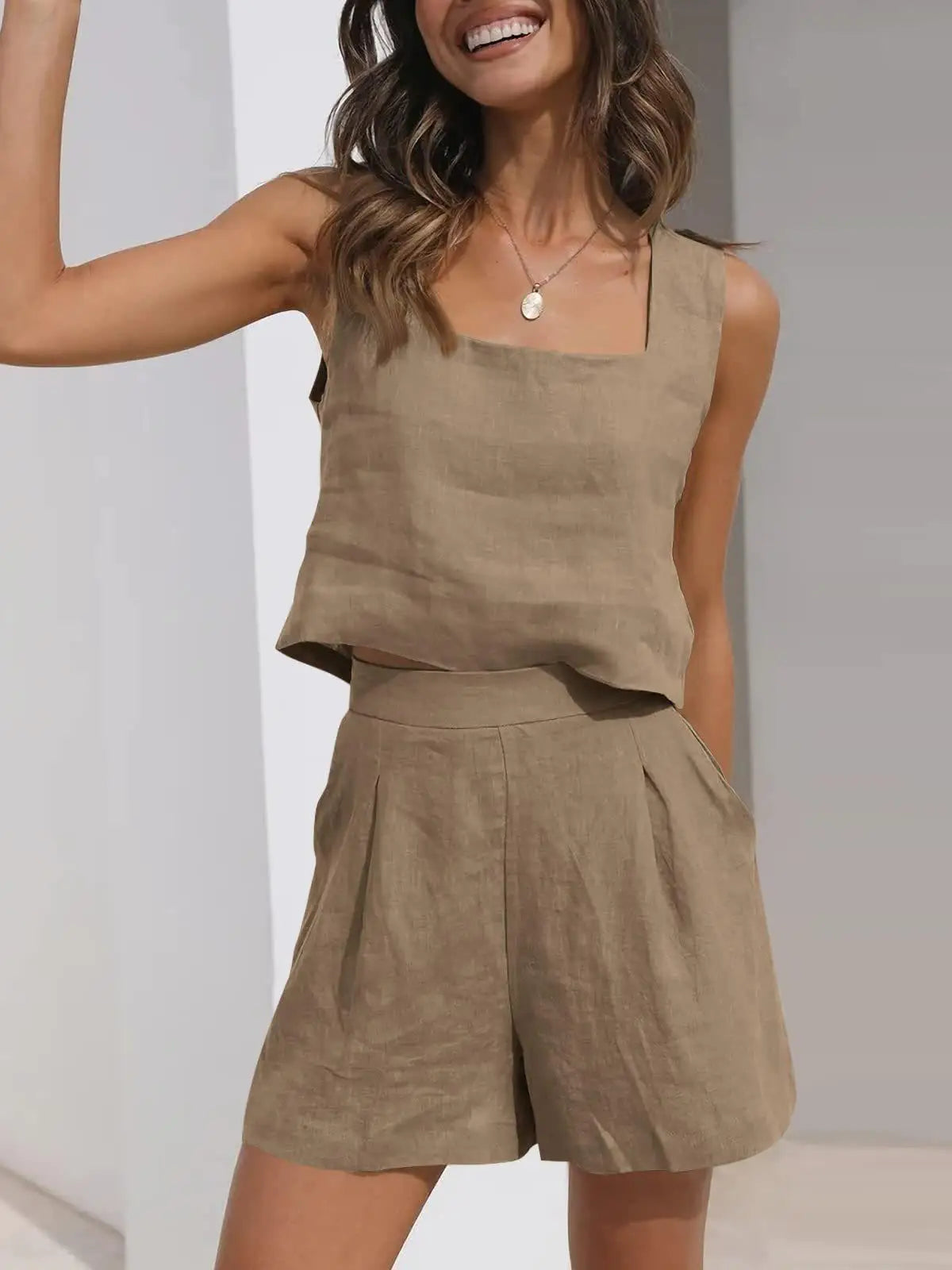 Two Piece Suit Summer Solid Color Sleeveless Pocket Shorts Set Elegant Wide Leg Vest Top