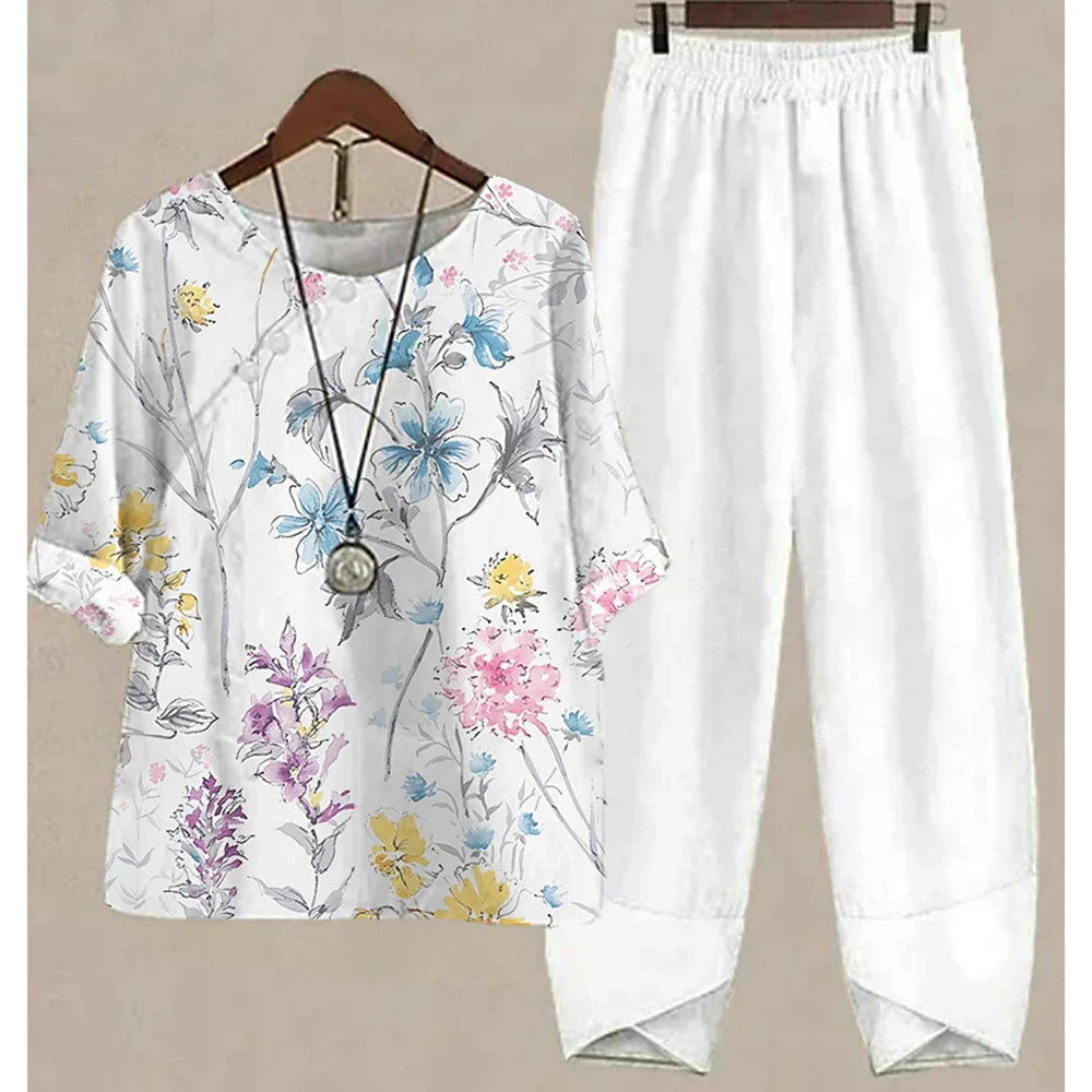 Ladies Elegant Vintage Suit Butterfly Print Two Piece Set Casual Female Loose Outfits O Neck Short Sleeve Shirt With Pants