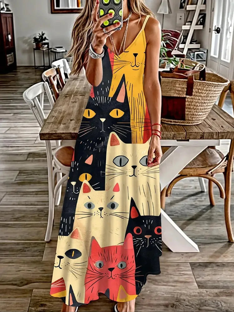 Animal Fresh Print Sexy And Fashionable V-neck Suspender Dress Outdoor Travel Seaside Vacation Casual Long Dress