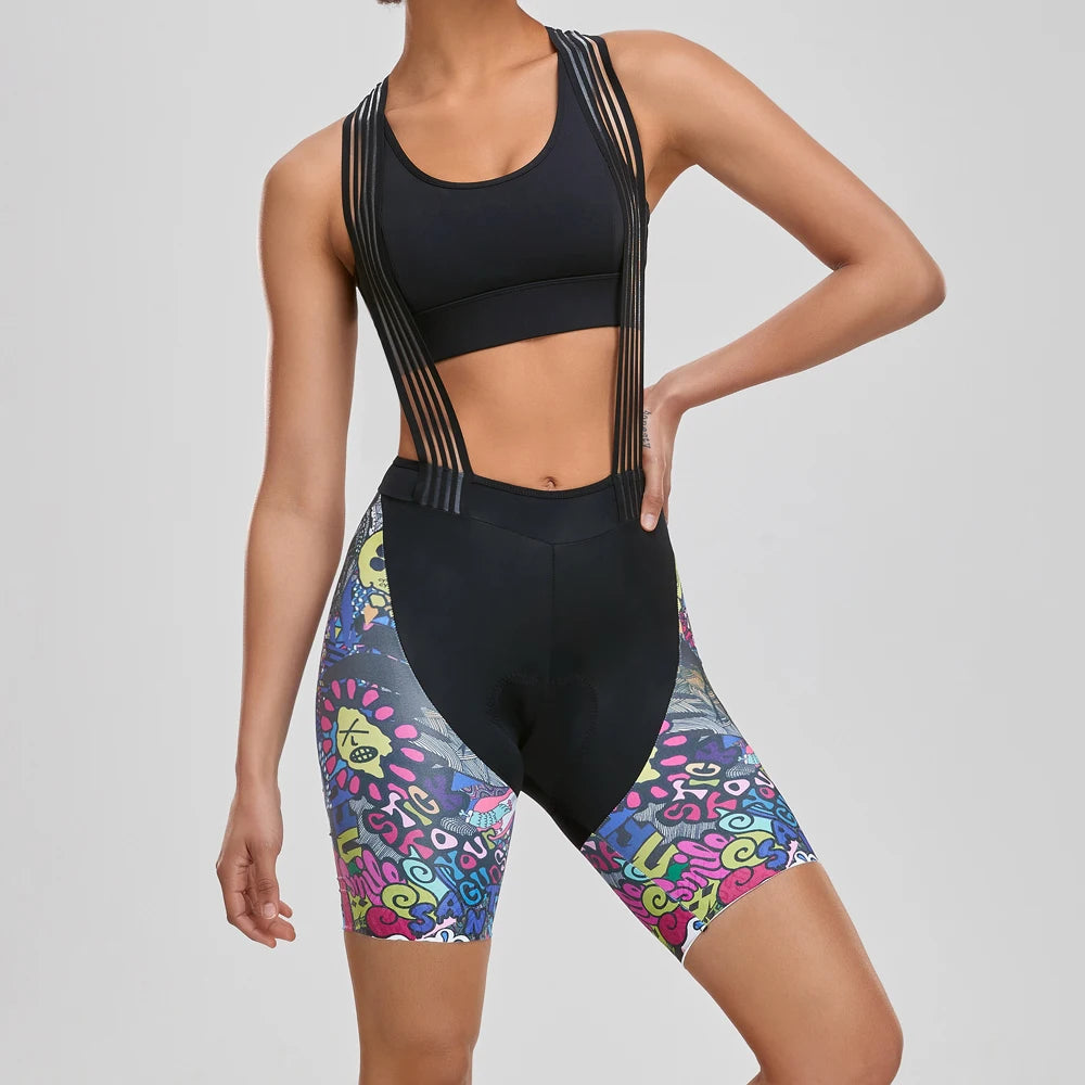 Women's Cycling Bib Shorts Outdoor Color Print Breathable Stretch Reflective