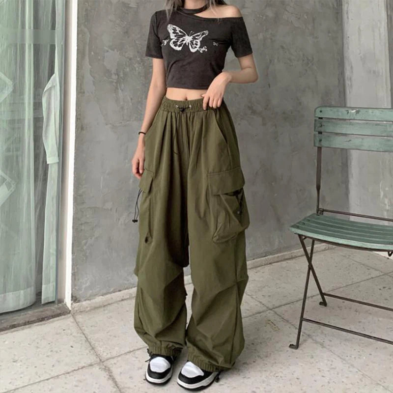 Casual Joggers Tech Pants Solid Low Waist Pants Drawstring Wide Leg Baggy Trousers Streetwear Oversize Sweatpants