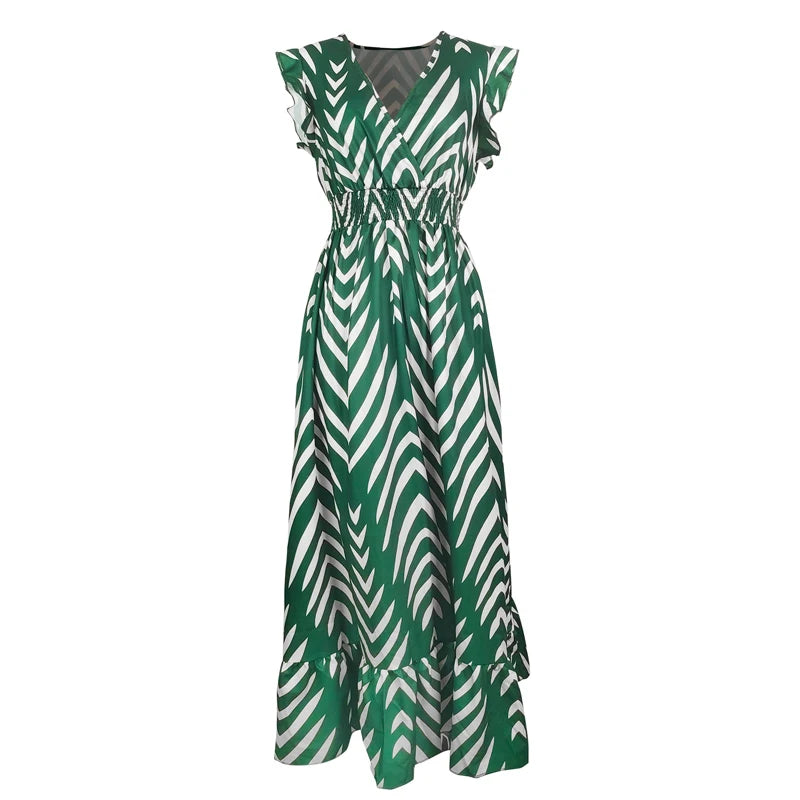 Casual Midi Dress  Arrow Stripe Print  Slim Waist Sleeves V-neck with Ruffled Hem