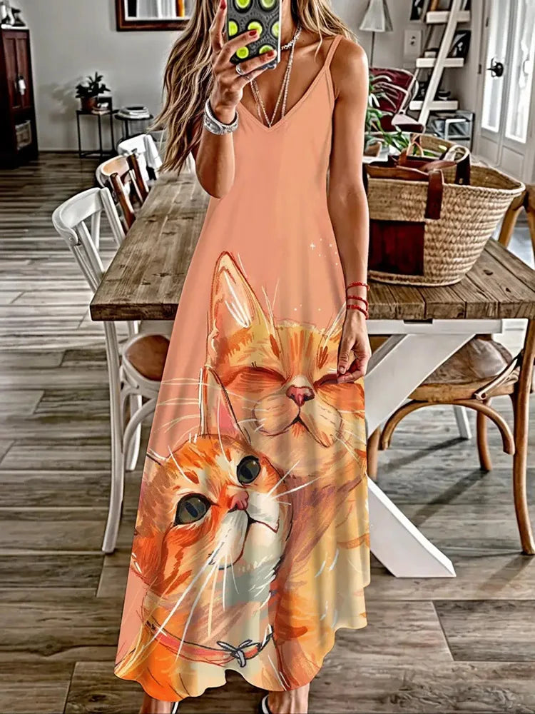 Animal Fresh Print Sexy And Fashionable V-neck Suspender Dress Outdoor Travel Seaside Vacation Casual Long Dress