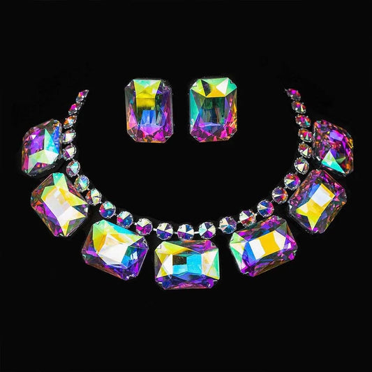 Dramatic Brightly Colored Crystal Necklace Earring Set  Extra Large Crystal
