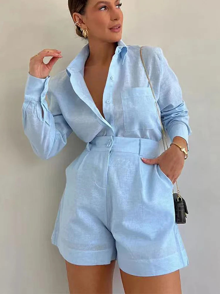 Long Sleeve 2 Pieces Sets Casual Simple Button Pockets Short Pant with Shirts Tops Summer Fashion Suit Female Outfits