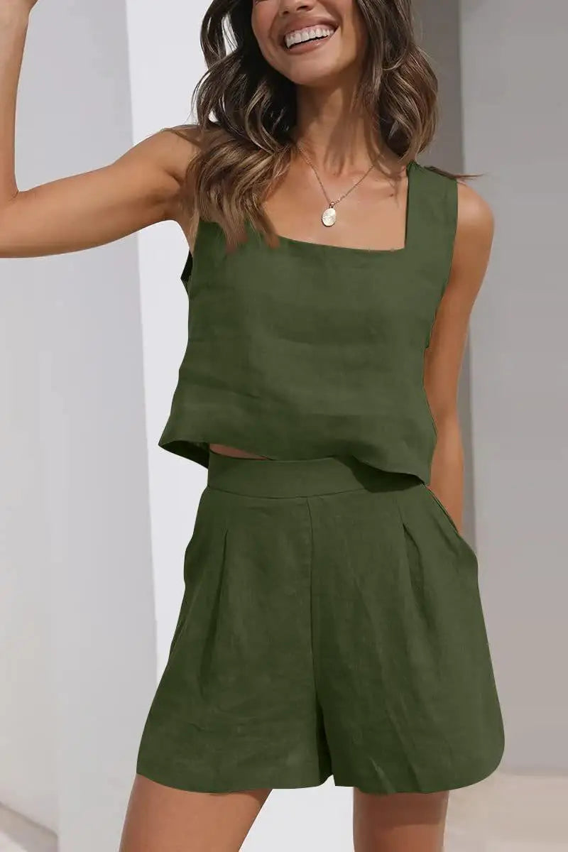 Two Piece Suit Summer Solid Color Sleeveless Pocket Shorts Set Elegant Wide Leg Vest Top