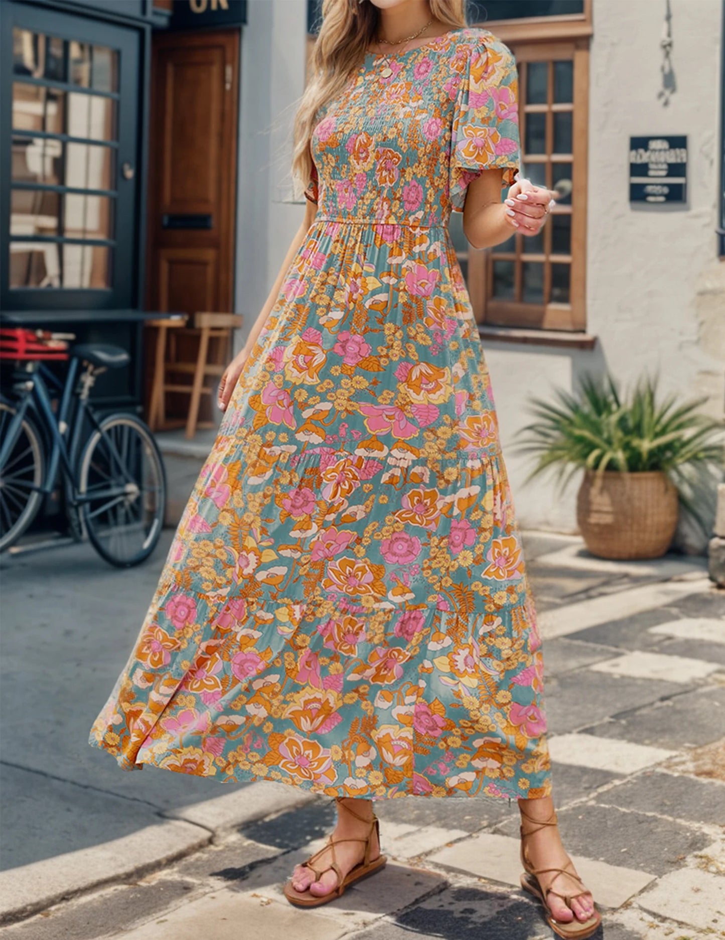 Casual Pastoral Style Floral Print Dress Long, Crewneck Short Sleeves High Waist Wide Ruffle Hem
