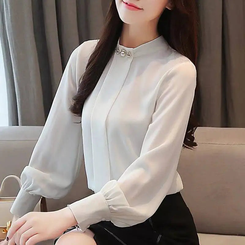 Solid Stand Collar Chiffon Shirt Office  Lantern Sleeve Loose Oversized Blouse