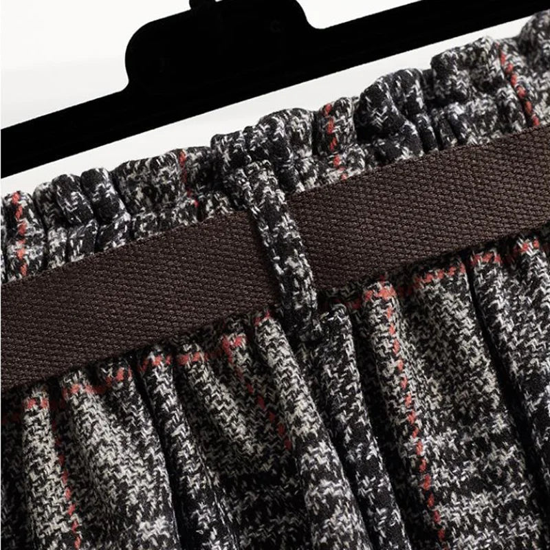 Plaid Vintage Knit Elastic High Waist With Belt A-line  Skirt