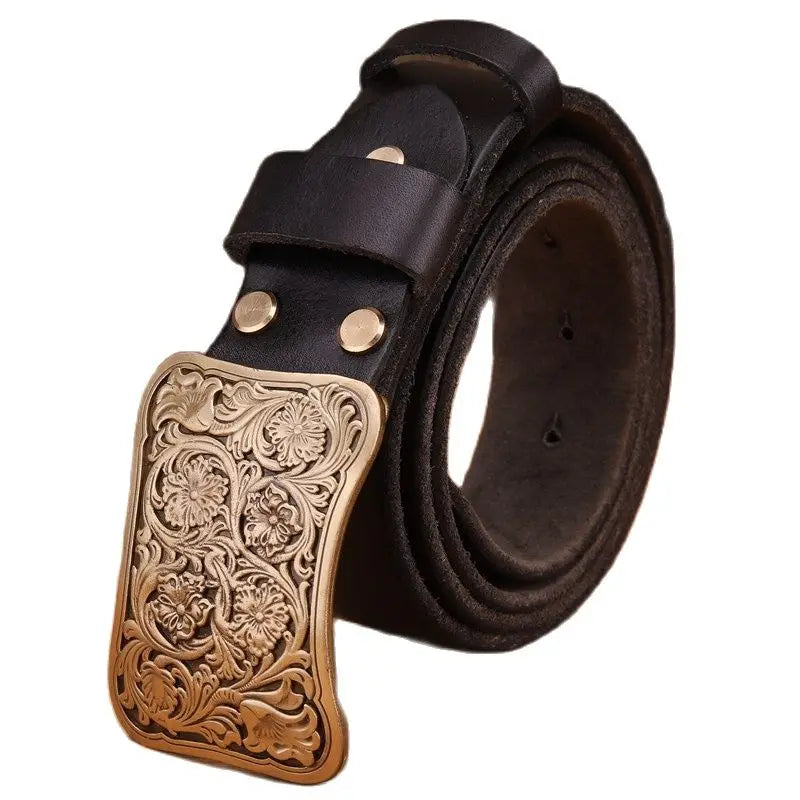 Solid brass flower buckle belt full grain cowhide leather high quality vintage