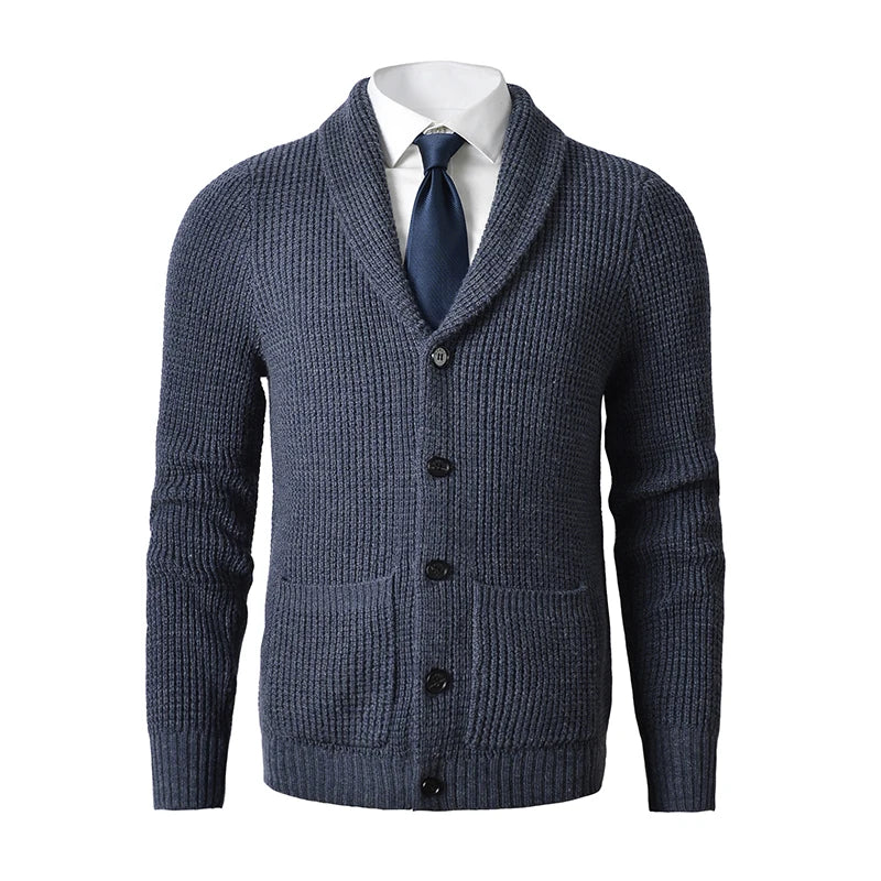 Shawl Collar Cardigan Sweater Slim Fit Cable Knit Button up Merino wool Sweater with Pockets