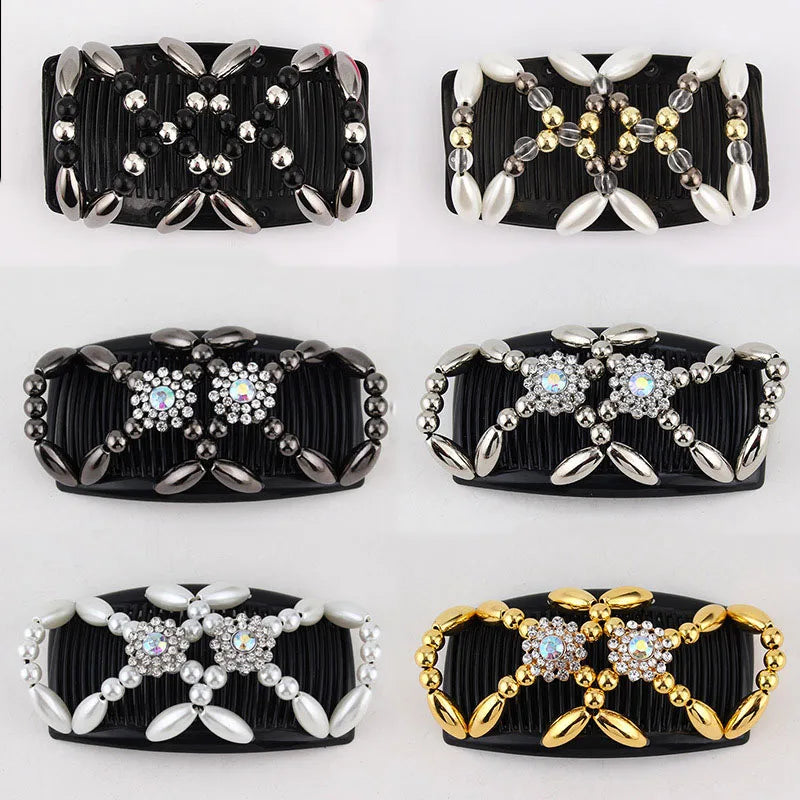 Beads Hair Combs Shiny Rhinestone Beaded Hair Claws Magic Tuck Comb Updo Accessories Elastic Headwear Bun Ponytail Holder