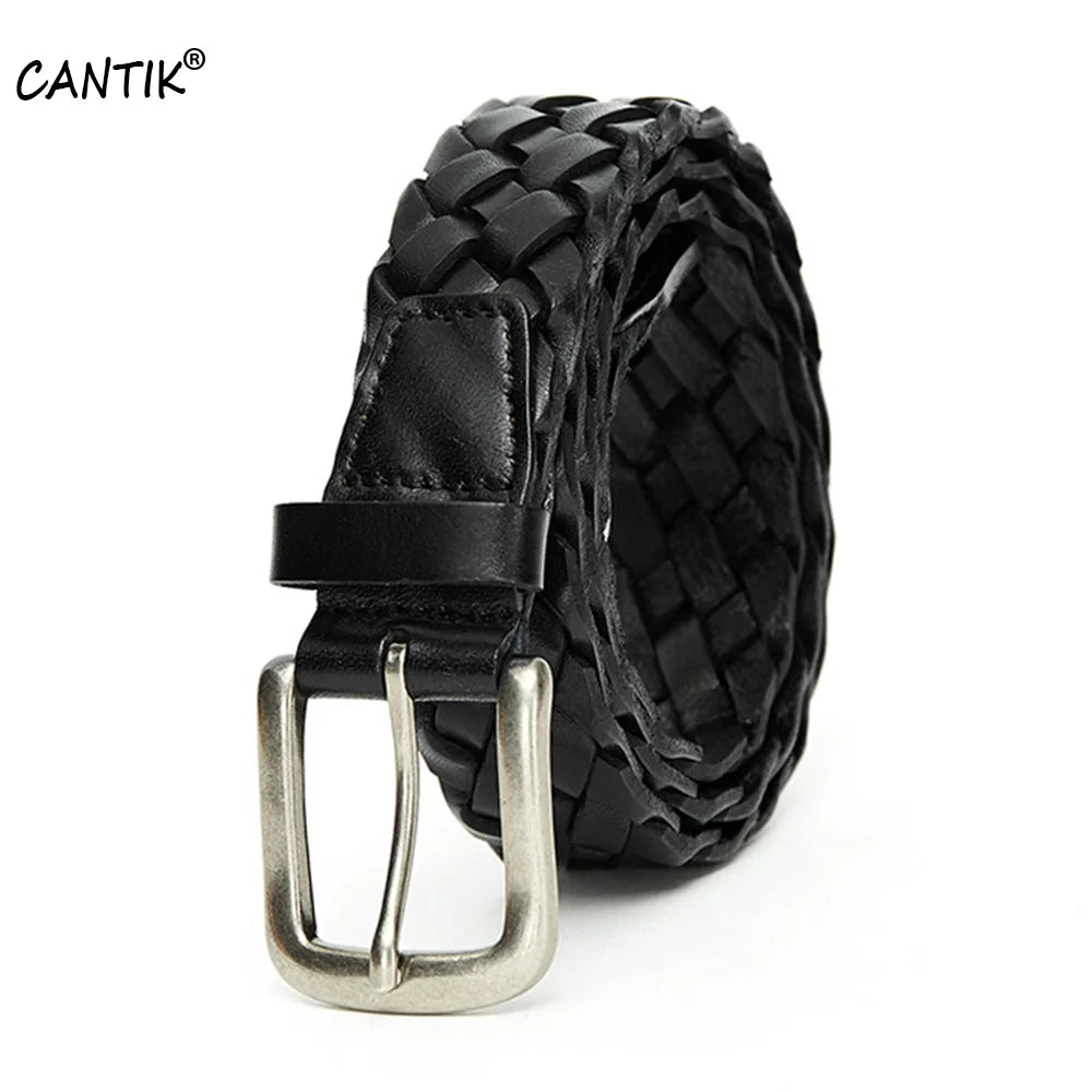 Design Top Quality Weaving Cowhide Leather Belt Alloy Pin Buckle