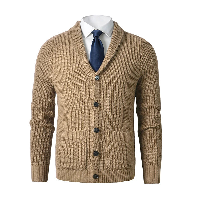 Shawl Collar Cardigan Sweater Slim Fit Cable Knit Button up Merino wool Sweater with Pockets