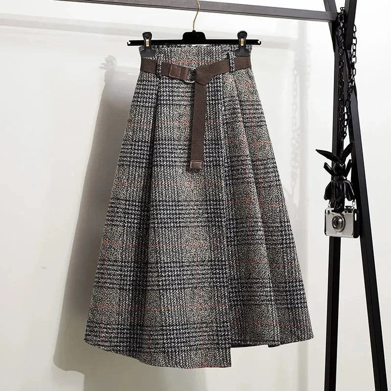 Plaid Vintage Knit Elastic High Waist With Belt A-line  Skirt