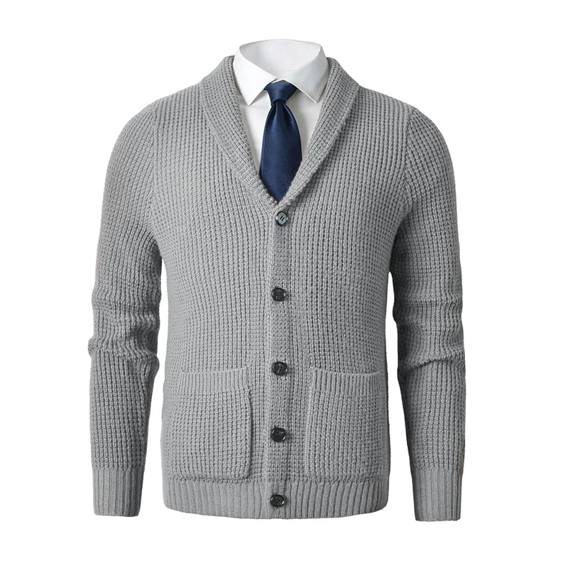 Shawl Collar Cardigan Sweater Slim Fit Cable Knit Button up Merino wool Sweater with Pockets