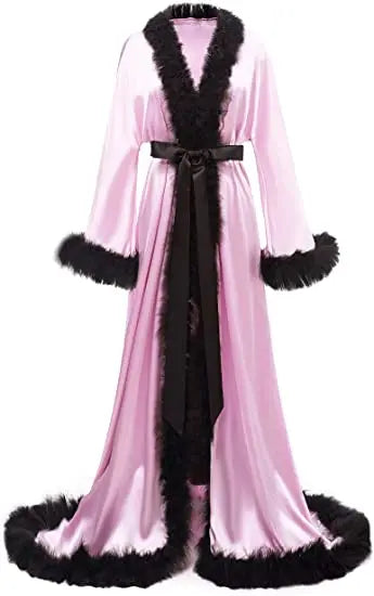 Women's Satin Robe Fur Luxurious Bathrobe Sleepwear Feather Robe with Belt