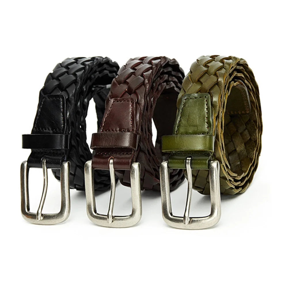 Design Top Quality Weaving Cowhide Leather Belt Alloy Pin Buckle