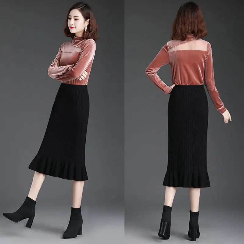 Knitted High Waist Ruffles Mermaid Skirt