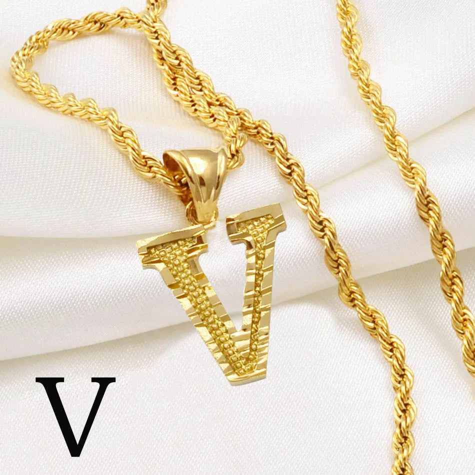 Anniyo A-Z Letters Necklaces Women Men Gold Plated Initial Pendant Rope Chain English Letter Jewelry Alphabet