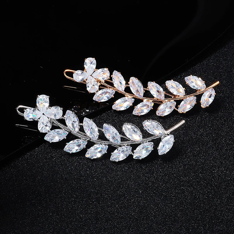 Fashion Barrette Cubic Zirconia Leaf Hair Clips for Women Accessories Hair Jewelry Headpiece