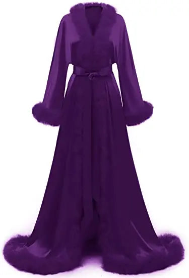 Women's Satin Robe Fur Luxurious Bathrobe Sleepwear Feather Robe with Belt