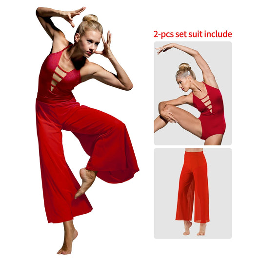 2 Piece Dance Camisole Leotard and Wide Leg Pants Outfit Contemporary Dance Wear