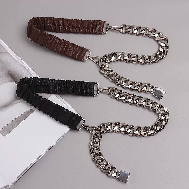 Elastic Leather Silver Chain Belt Ladies Dress Stretch Cummerbunds Female Coat Corset Long Waistband Belts For women Strap